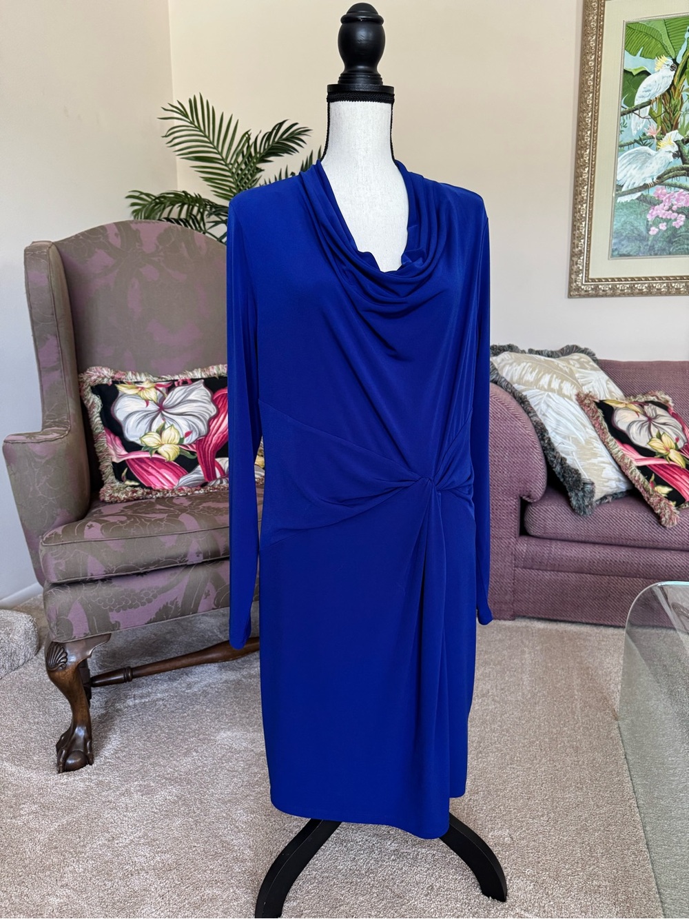Michael Kors Cobalt Blue Draped Cowl-Neck Long Sleeve Dress